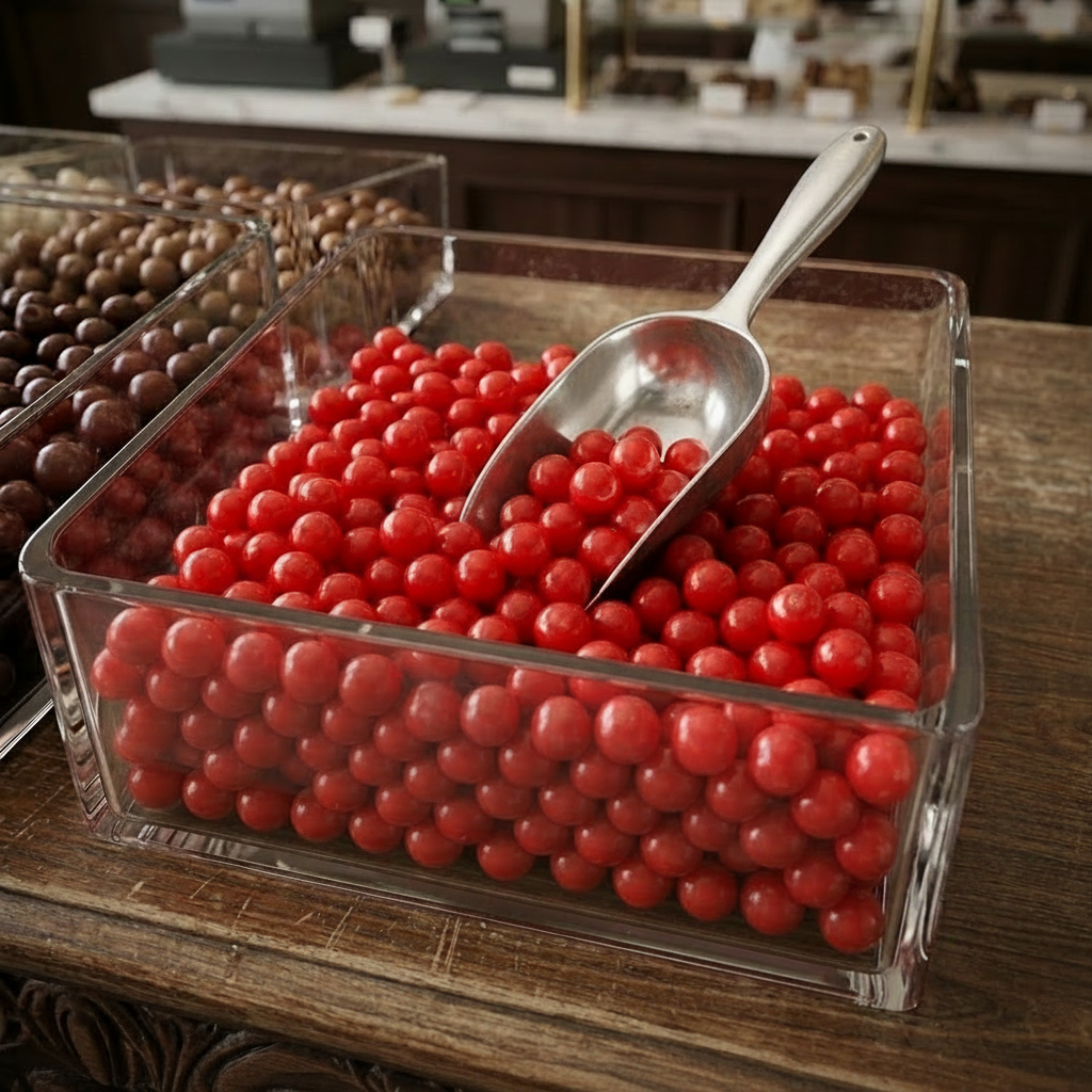 Cherry sours candy in self-serve bin in candy store